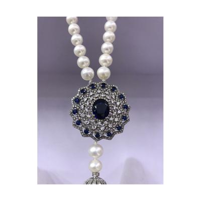 China Vintage Blue Gem And Diamonds Silver Fashion Round Freshwater Pearl Tassels Necklace for sale