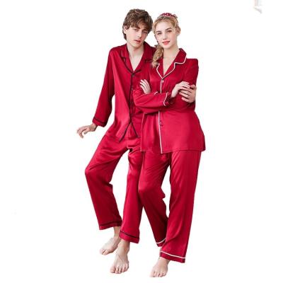 China Couples Satin QUICK DRY Pajamas Set Silky Sleepwear Button Up Match Red Night Wear for sale