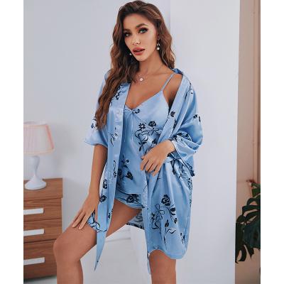 China Women's Sexy Sleepwear Summer QUICK DRY 3 Piece Satin Pajamas Sets With Long Robe for sale