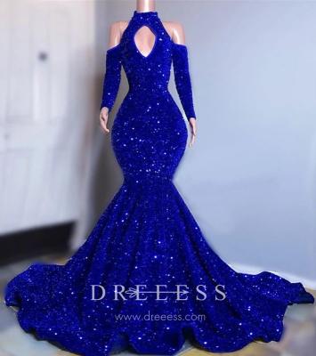 China Sparkly Royal Blue Sequin Halter Mermaid Prom Gown for sale