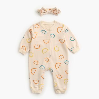 China INS Kids Clothing Eco-friendly Washable Breathable Warm Cartoon Substantial Smile Print Cotton Long Sleeve Newborn Baby Clothes Romper for sale