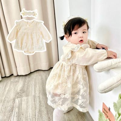 China 2021 Breathable Autumn Newborn Baby Clothes Girls Kids Lace Up Long Sleeve Romper Dress With Headband for sale