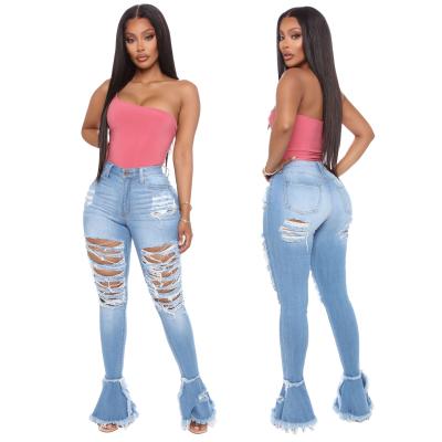 China Breathable Women High Waist Ripped Jeans Ladies Flare Bell Bottom Jeans Pants Jean Denim Pants for sale