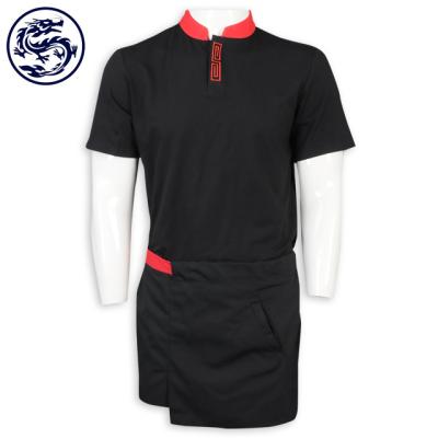 China restaurant & Bar No FAMA SEDEX Factory Chef Minimal Cheap Custom Black Uniform Coat With Pocket Chef Uniform With Apron for sale