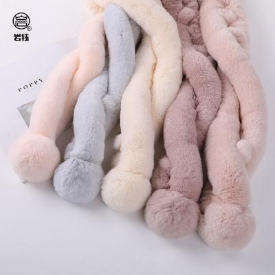 China Short Two Tubes Of Real Rex Rabbit Fur Scarf And Fur Scarf For Female Winter With Cipher And Thick Warm Fur Ball Scarf for sale