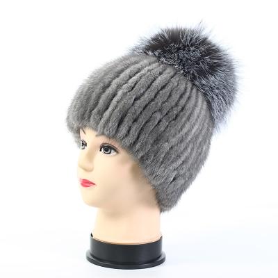 China COMMON Fashion Fox Fur Pom Real Mink Fur Warm Women Knitted Hats For Winter for sale