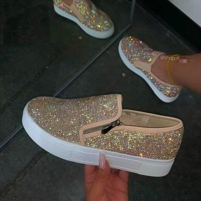 China Fashion Trend Blingbling Flat Shoes Women Slip On Sneakers Diamond Spring Summer Breathable Casual Shoes for sale