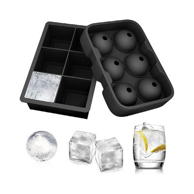 China Sustainable Ice Cube Trays Silicone Set Of 2 Sphere Ice Ball Maker With Lid And Large Square Ice Cube Molds For Whiskey Reusable for sale