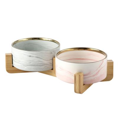 China Sustainable Marble Pet Bowl Non Slip Double High Dog Ceramic Cat Food Bowl Feeder for sale