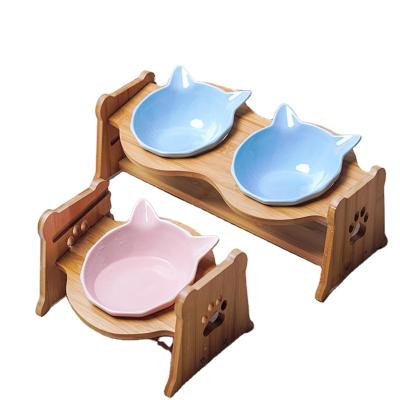 China Cat Luxury Bamboo Cat Dog Double Wooden Bowl Sustainable High Food Steel Pet Bowl With Stand for sale