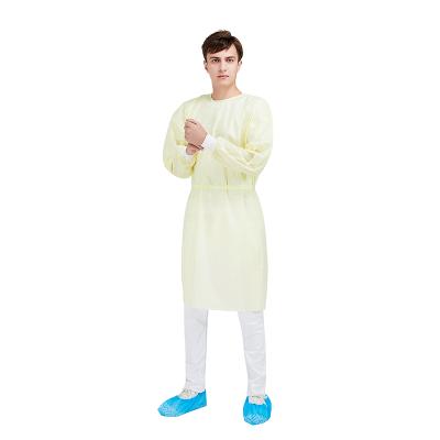 China Popular Type AAMI Level 2 yellow Isolation Gown with Ultrasonic Seal and Knitted Cuff for sale