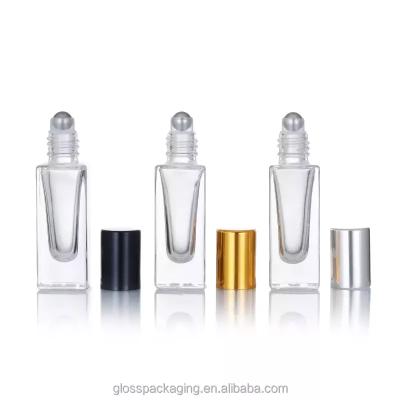 China Cosmetic luxury  oil 3/5/10/15/30ml square perfume roller bottle with rollerball and gold cap ball glass roll on bottles for sale