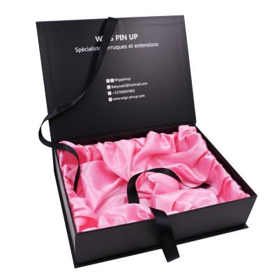 China 2021 Recyclable New Design And Hot Sale Box For Hair Extension Gift Cardboard Book Shaped Box Packaging With Satin Silk Insert And Ribbon for sale