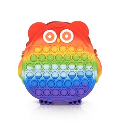 China Lovely Durable Child Phone Bag Jumping Kids Toss Toy Daily Rainbow Color Girls Cartoon Penguin Bubble Silicone Shoulder Coin Purse for sale