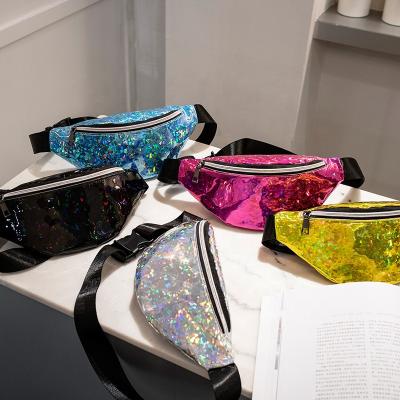 China Wholesale Water Proof Women Laser Waist Bag Holographic Sequin PU Trim Leather Fanny Pack Sling Bag For Girls for sale