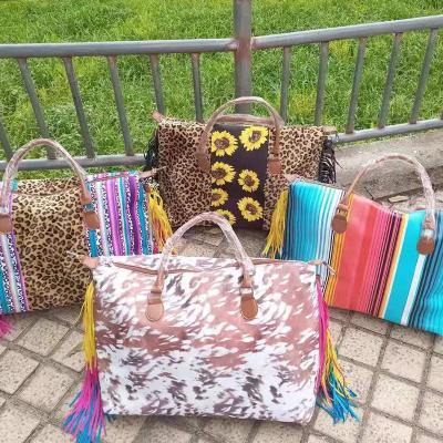 China Fashion Cow Print Duffle Bags Rainbow Stripe Plush Women's Overnight Fur Travel Bags Large Capacity Weekender Bag for sale