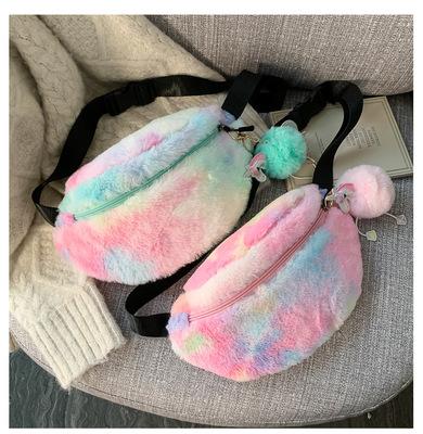 China 2021 Ladies Soft Plush Fanny Pack Cute Girls Faux Fur Waist Bag Rainbow Anti-theft Wholesale With Pom Pom Ball for sale