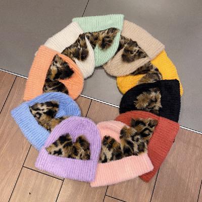 China COMMON Winter Cat Ear Beanie Hat For Women Plush Leopard Print Fashion Warm Knitted Woolen Hat for sale