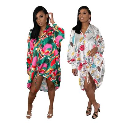 China 2021 Summer Women's Clothing Anti-static Hot Selling Flower Printing Long Satin Blouse Shirt Wrap Casual Dress for sale