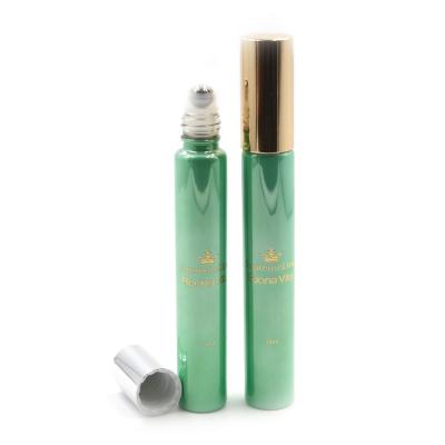 China Personal Care 10ml 15ml 20ml Green Glass Body Gel Roll On Bottle Essential Oil Cosmetic Bottle With Roller for sale