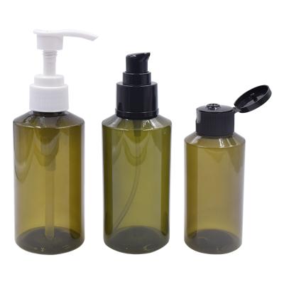 China Emopty Olive Green Plastic Skin Care Cream Cosmetic Pet Bottle Lotion Pump Bottle Flip Cap Bottle for sale