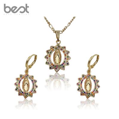 China Latest Religious Cute 18K Gold Plated Earring Pendant Set Colorful Fine Jewelry Set Virgen De Guadalupe Jewelry Sets For Women for sale