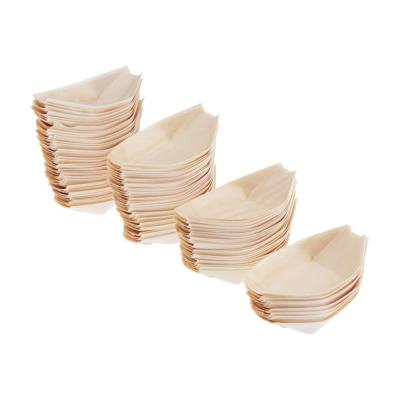 China Sustainable Disposable Biodegradable Wooden Snack Boat Tray Appetizer Serving Food Tray Pine Sushi Boat for sale