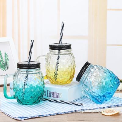 China 100ml, 400ml, 500ml, 600ml, 700ml, 750ml Beverage Glass Bottle Pineapple Mug Mason Mug Beverage And Cold Drink Mug Bottle With Handle for sale