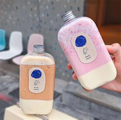 China Pack 250ml, 300ml, 350ml, 400ml Flat Square Fresh Juice PET Beverage Bottle Plastic Milk EA Cup for sale