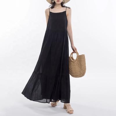 China Breathable Casual Sleeveless Black Simple Women Loose Pleat Summer Cotton Black Casual Dress for sale