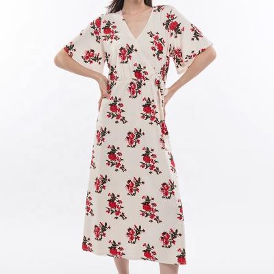 China Breathable Elegant Women Short Sleeve Red Color Wrap Summer Floral Print Casual Dress Women for sale