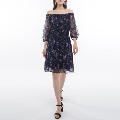 China Summer Anti-Static Casual Dress Dark Blue Puff Sleeve Off The Shoulder Mesh Dress Plus Floral Women's Waist Wear for sale