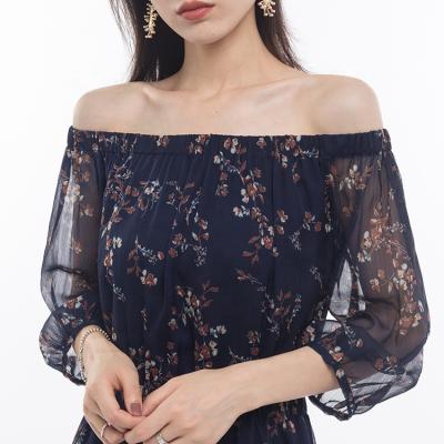 China Summer Anti-Static High Quality Casual Dress Puff Sleeve Dark Blue Women Wearing Off The Shoulder Floral Dress for sale