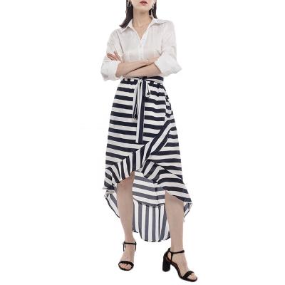 China Fashion Breathable Style Custom Elastic Waist Stripe With Ruffle And Self Sash High Low Skirt For Women for sale