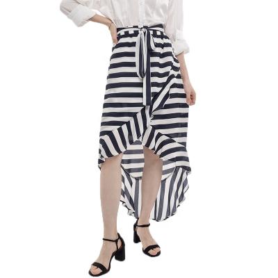 China Breathable 100% Polyester Ruffled Short Fron Irregular Waist High Elastic Waist Striped Long Skirts For Women for sale