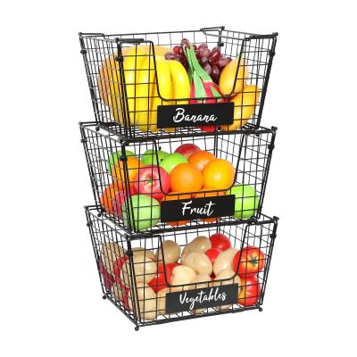 China Viable Mesh Bin Organizer 3 Tier Metal Wire Locker Foldable Stackable Fruit Vegetable Storage Basket With Name Plate for sale