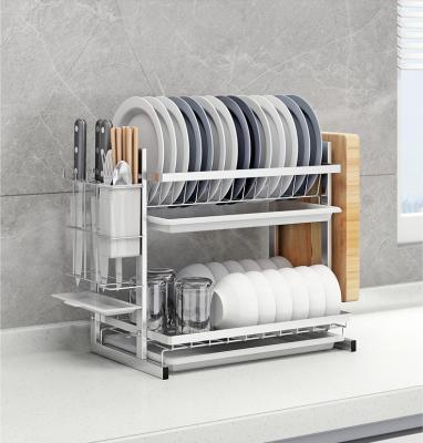 China Freestanding Silver Stainless Steel Kitchen Rack Over Sink Dish Drainer 2 Tier Dish Bowl Knife Dish Shelf Shelf Storage Rack With Tray for sale