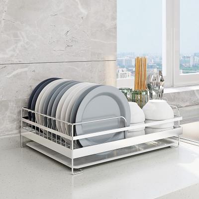 China Kitchen Viable Accessories Drop Down Storage Rack Stainless Steel Metal Wire Dish Rack Dish Drying Rack With Plastic Tray for sale