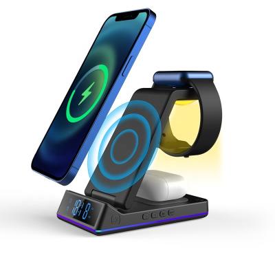 China 5in1 Tablet QI Wireless Charger Dock Station Digital Alarm Clock Charging Night and Desk Lamp Alarm Clock Wireless Charger for sale