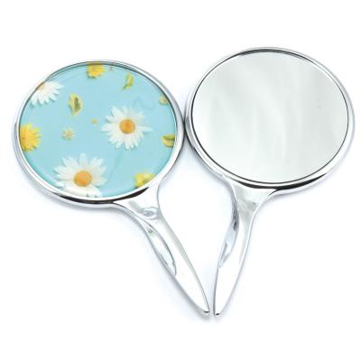 China Side View Sublimation Side View Round Plastic Simple Folding Hand Held Folding Handle Custom Cosmetic Compact Mirror for sale