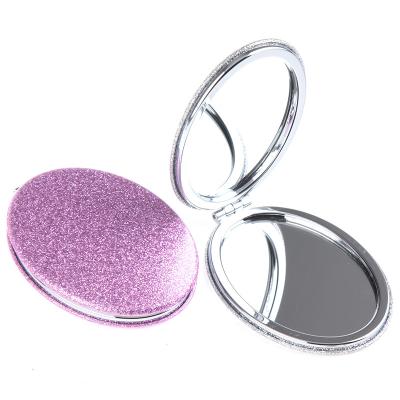 China Custom Mini Metal Compact Pocket Mirror Magnifying Logo PU Leather Glitter Folding Makeup Mirror Single Cosmetic Vanity Mirror for sale