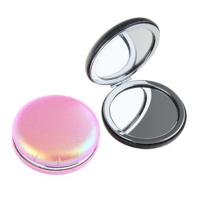 China Magnifying PU Rainbow Custom Double Sided Diamond Round Compact Folding Mirror for sale