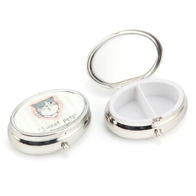 China Metal Oval 2 Cell Metal Pocket Pill Box Silver Gold Plated Compact Pill Box Supplier Printing Custom Logo for sale