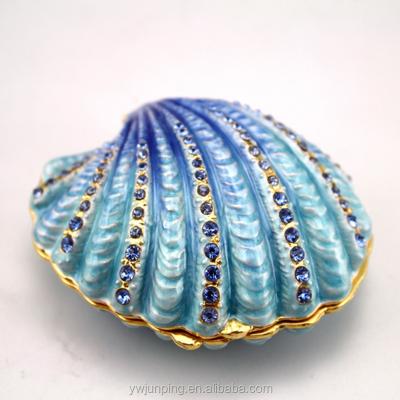 China Shiny Crystals Zinc Alloy Metal Rhinestones Enamel Fancy Crystal Trinket Box Shell Blue Jewelry Box for sale