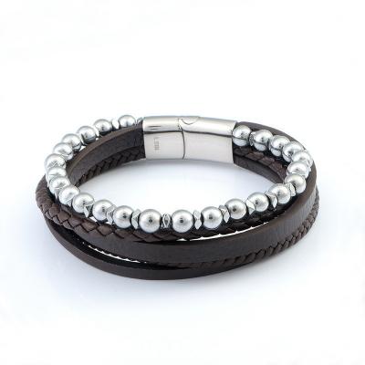 China Cross border high-end cholelithiasis multi-layer leather woven bracelet with stainless steel design, retro personalized bead jewelry bracelet for sale