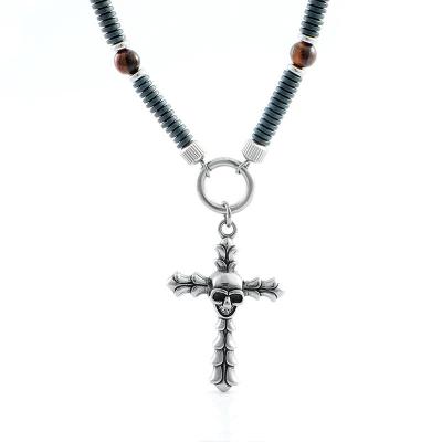 China Retro hip-hop stainless steel cross skull pendant, trendy boyfriend necklace hang tag for sale