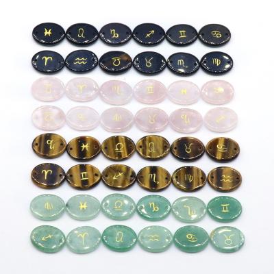 China Crystal 12--Natural Red Crystal Symbols Engraving Symbol Set Constellations Oval Agate Energy Healing Stone for sale