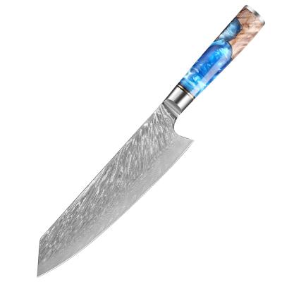 China Viable 8 Inch Kiritsuke Damascus Knife 67 Layers High Carbon Blue Resin Damascus Stainless Steel And Stable Wooden Handle Hot Sale for sale