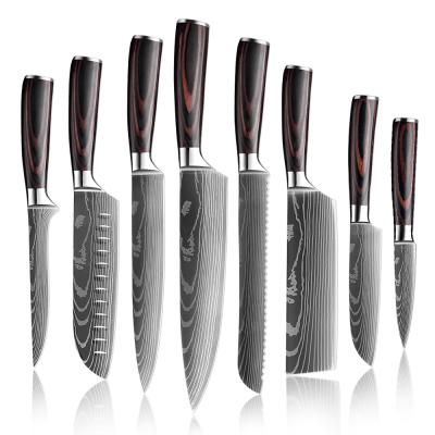 China Stocked 8 PCS Kitchen Knife Set Stainless Steel Blades Damascus Laser Chef Knife Sets Santoku Tools Kitchen Service Cooking Paring Gifts for sale