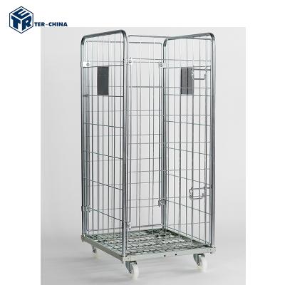 China Q235 Security Steel Metal Cage Stackable Roll Container With Wire Doors For Laundry for sale